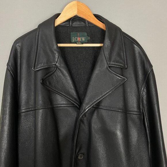 J. Crew‎ Leather Jacket Car Coat Men Black Size XL Wool Lining Lapel Button-Up - Picture 4 of 16